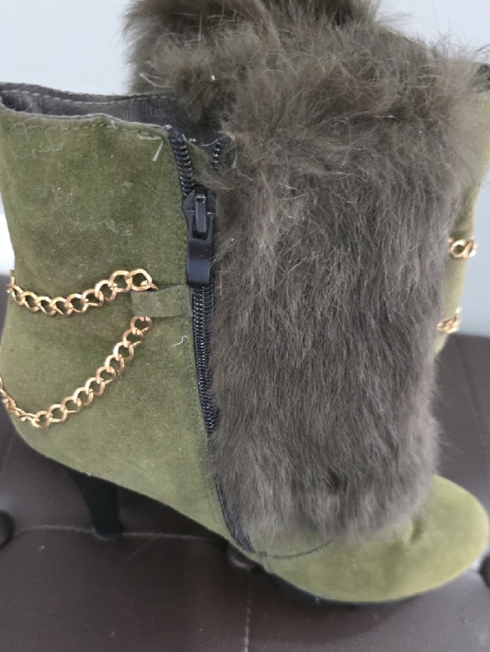 Olive Green Faux Fur Trim Women's Ankle Boots - Picture 3 of 8